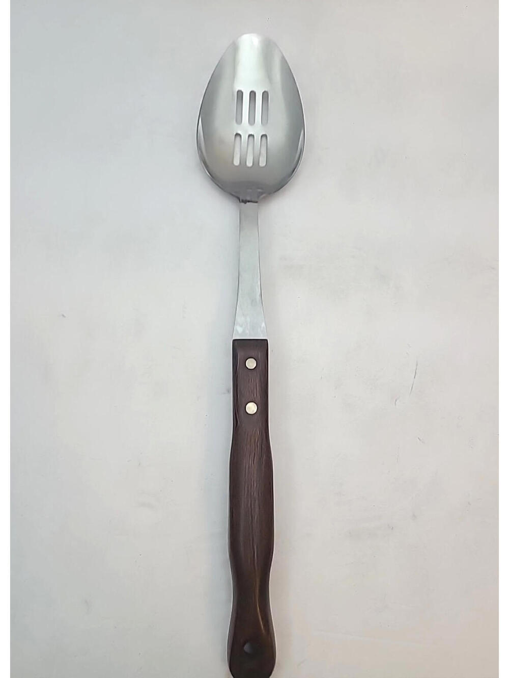 Sears Vintage Slotted Spoon Stainless Steel USA Wooden Rivot Handle Retro 12"